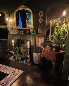 a living room filled with lots of furniture and plants on top of a hard wood floor