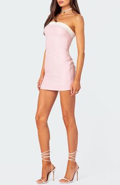 Sweeten your going-out wardrobe in this pastel minidress flaunting a contrast detail at the shoulder-baring neckline. Hidden back-zip closure Strapless 95% polyester, 5% spandex Machine wash, line dry Imported Light Pink Dress Formal Mini, Light Pink Tight Homecoming Dress, Light Pink Tight Dress Short, Pink Bodycon Dress With Straight Neckline For Summer, Pink Mini Dress With Straight Neckline And Fitted Style, Pink Fitted Mini Dress With Straight Neckline, Pink Fitted Off-shoulder Mini Dress, Flirty One-shoulder Pink Mini Dress, Flirty Pink One-shoulder Mini Dress