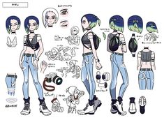 an anime character's body is shown with various poses and hair styles, including the head