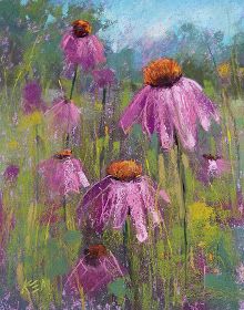 an oil painting of purple flowers in a field