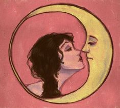 a painting of a man and woman kissing in front of a half moon with pink background