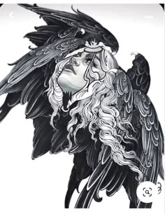 a black and white drawing of an angel with long hair