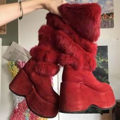 VCSHOES Red Fluffy Decor Wedge Heels Boots Platform Round Toe Shoes For Women Mid Calf Zipper Snow Shoes Zapatos Para Mujere As Picture1-35 Dr Shoes, Wedge Heel Boots, Funky Shoes, Boots Platform, Round Toe Shoes, New Rock, Estilo Punk, Aesthetic Shoes, Heels Boots