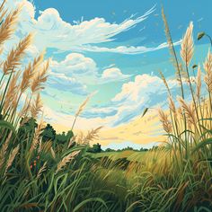 a painting of grass and clouds on a sunny day