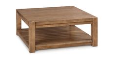 a wooden coffee table with shelves on each side and one shelf under the top for storage