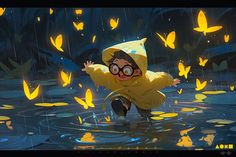 a kid in a yellow raincoat jumping into the water with butterflies flying around him