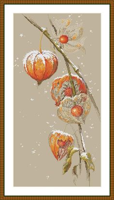 a cross stitch pattern with orange flowers on a branch