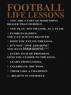 a black poster with the words football life lessons on it's front and back