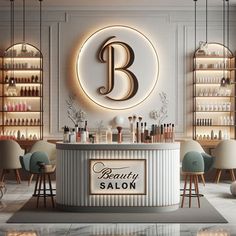 a beauty salon with stools and tables in front of the counter, lighted by round lights