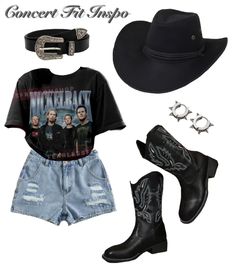 Nickelback Concert Outfits, Nickelback Concert Outfit Ideas, Country Concert Outfit Black Shorts, Music-themed Graphic Top For Concert, Country Grunge Outfits, Black Music-themed Top For Concert, Country Rock Outfit, Summer Music-themed Tops For Music Festival