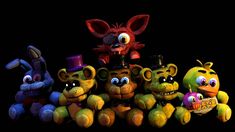 five stuffed animals wearing hats and sitting next to each other on a black background,