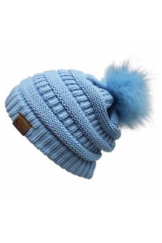 - Beanie Hat- Faux Fur Pom Pom- Teal- Cable Knit- 100% Acrylic