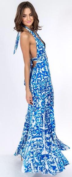 Mykonos Halter Dress Blue Halter Neck Dress For Beach Cover-up, Blue V-neck Maxi Dress For Poolside, Blue V-neck Dress For Summer Parties, Blue Halter Neck Beach Dress For Poolside, Elegant Backless Dress With Tie Back For Vacation, Beachwear Halter Maxi Dress With Tie Back, Elegant Beach Halter Dress With Tie Back, Elegant Tie Back Halter Dress For Beach, Blue Fitted Halter Dress For Vacation