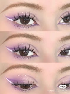 Purple And White Eyeliner, Purple White Makeup, Purple And White Makeup Looks, Purple Soft Makeup, Korean Purple Makeup, Light Purple Eyeshadow Looks, Pastel Purple Makeup, Purple Douyin Makeup, Light Purple Makeup Looks