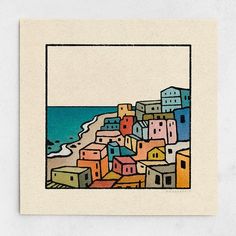 a card with an image of houses on the beach