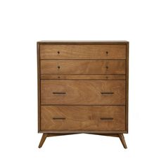 the chest of drawers is made out of wood and has five drawers, one with two handles