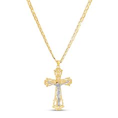 A beautiful symbol of faith, this 14K two-tone men's crucifix necklace features an ornate cross design decorated with delicate milgrain detail. The 22-inch mariner link chain secures with a lobster clasp. Ornate Cross, Crucifix Necklace, Beautiful Symbols, Jared The Galleria Of Jewelry, Silver Jewelry Necklace, Cross Design, Latest Jewellery, Gold Gold, Jewelry Necklace