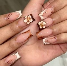 Nails With Flower Design, Brown Acrylic Nails, Medium Nails, Edgy Nails, Pointed Nails, Summery Nails, Cute Acrylic Nail Designs, Unique Acrylic Nails