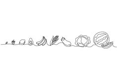 a line drawing of fruits and vegetables on a white background