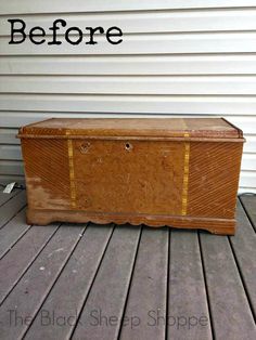 an old trunk sitting on top of a wooden floor next to a white house with the words before