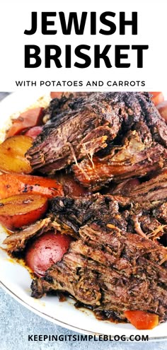 beef and potatoes on a plate with text overlay that reads tender & delicious beef brisket