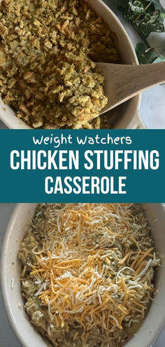 chicken stuffing casserole in a white bowl