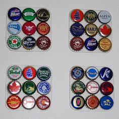 four different types of beer bottle caps on a white surface