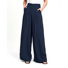 14th & Union Navy Indigo Blue High Waist Wide Leg Trouser Pants Xs Nwt 100% Polyester Dark Navy Blue Elastic Back Waist Pockets Light Pleats Approximate Measurements Laying Flat: Waist: 14" Inches Inseam: 31" Inches Rise:12" Inches Length (Top To Bottom): 43” Inches Navy Wide-leg Pants With Elastic Waistband, Navy High Waist Bottoms With Pockets, Navy Wide Leg Bottoms With Pockets, Navy Wide-leg Bottoms With Pockets, Navy Summer Pants With Pockets, Navy Casual High-waisted Wide Leg Pants, Navy Pants With Pockets For Summer, Chic Navy Trousers, Elegant Navy Wide-leg Bottoms