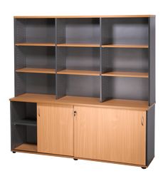 an office shelving unit with three doors and two cupboards on each side,