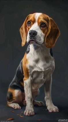 a brown and white dog sitting on top of a black floor next to a gray background