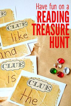 several pieces of paper with the words reading treasure hunt on them