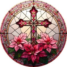 a stained glass window with poinsettia and cross in the center, on a white background