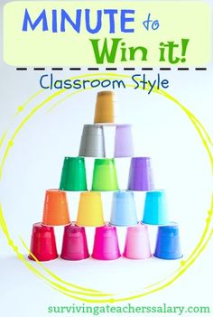 an advertisement for the classroom style game, minute to win it with colorful cups in front of