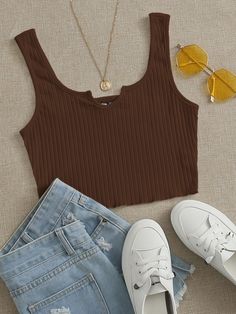 Coffee Brown Casual   Cotton Plain Tank Embellished Slight Stretch Summer Women Tops, Blouses & Tee Knitted Crop Tank Top, Shein Outfits, Crop Top Outfits, Tween Outfits, Really Cute Outfits, Girls Fashion Clothes, Teenage Fashion Outfits, Teen Fashion Outfits, Cute Casual Outfits