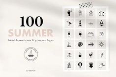 the front cover of 100 summer hand drawn icons and premele logos, designed in black and white