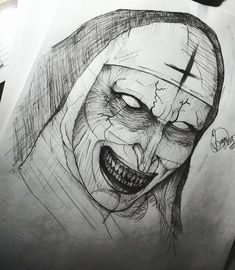 a drawing of a creepy clown with a cross on his forehead and eyes drawn in pencil