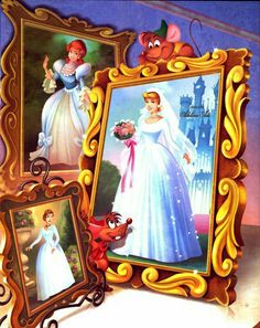 the disney princesses are framed in ornate gold frames with their own pictures on them