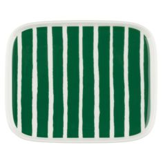 a green and white striped tray on a white background with horizontal lines in the center