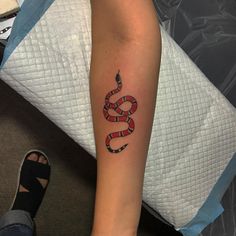 a woman's arm with a tattoo on it that has a red and black snake on it