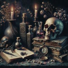 a still life with books, skulls and candles