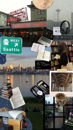 the collage shows many different things in this photo, including books and other items