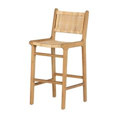 a wooden stool with wicker seat and backrests on an isolated white background