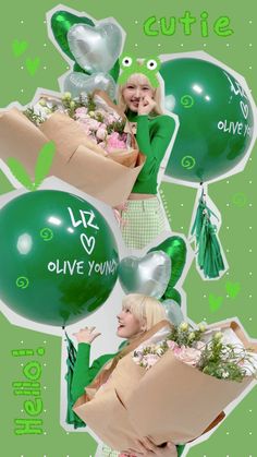 a collage of photos with balloons, flowers and people in green outfits on them