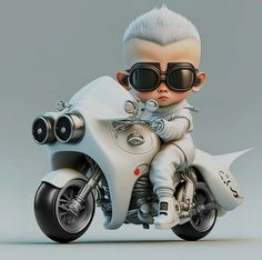 a little boy riding on the back of a motorcycle wearing sunglasses and a white suit