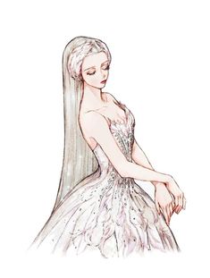 a drawing of a woman with long hair wearing a white dress and holding her hand out