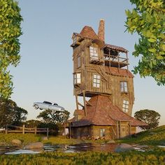 an image of a house with a plane in the air above it and some trees