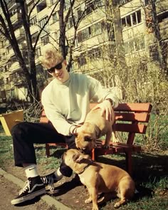 a man sitting on a bench with two dogs