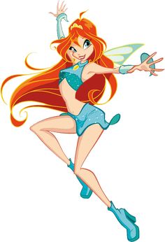 a cartoon character flying through the air with her arms outstretched and legs spread out,