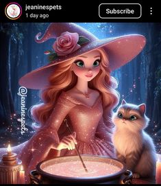 a girl in a pink dress is holding a wand next to a cat