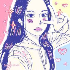 a drawing of a girl holding her finger up to her face with hearts and stars on the background